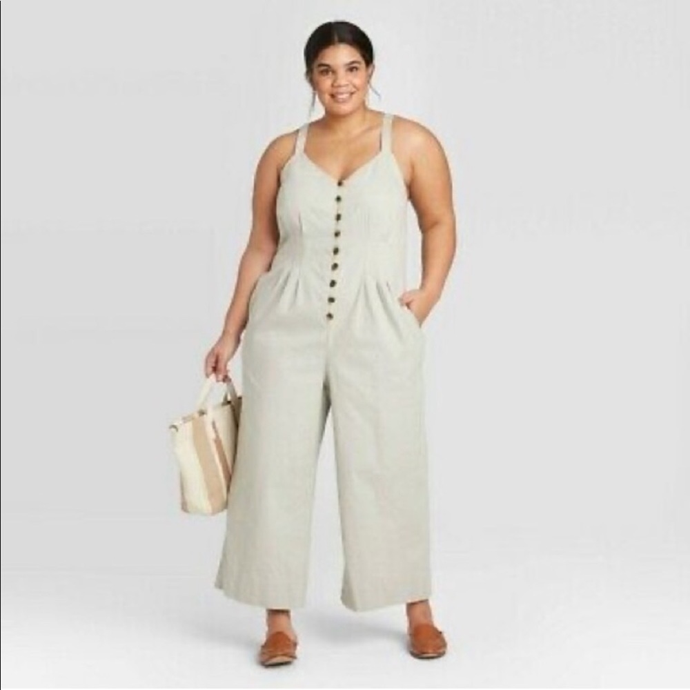 NWT Universal Thread Sleeveless Tan Utility Jumpsuit Cropped wide leg sz14